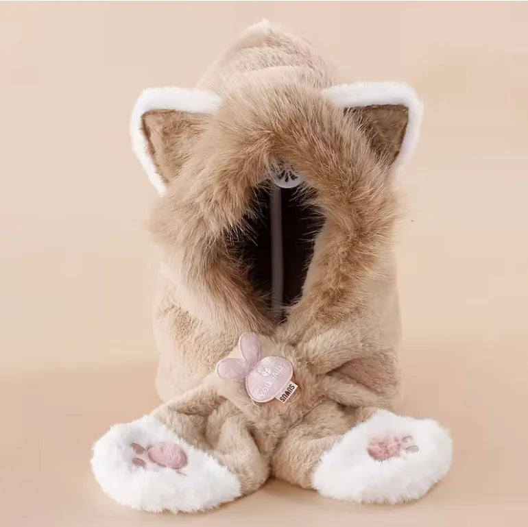 Beige Kitty Plush Hooded Scarf for Kids