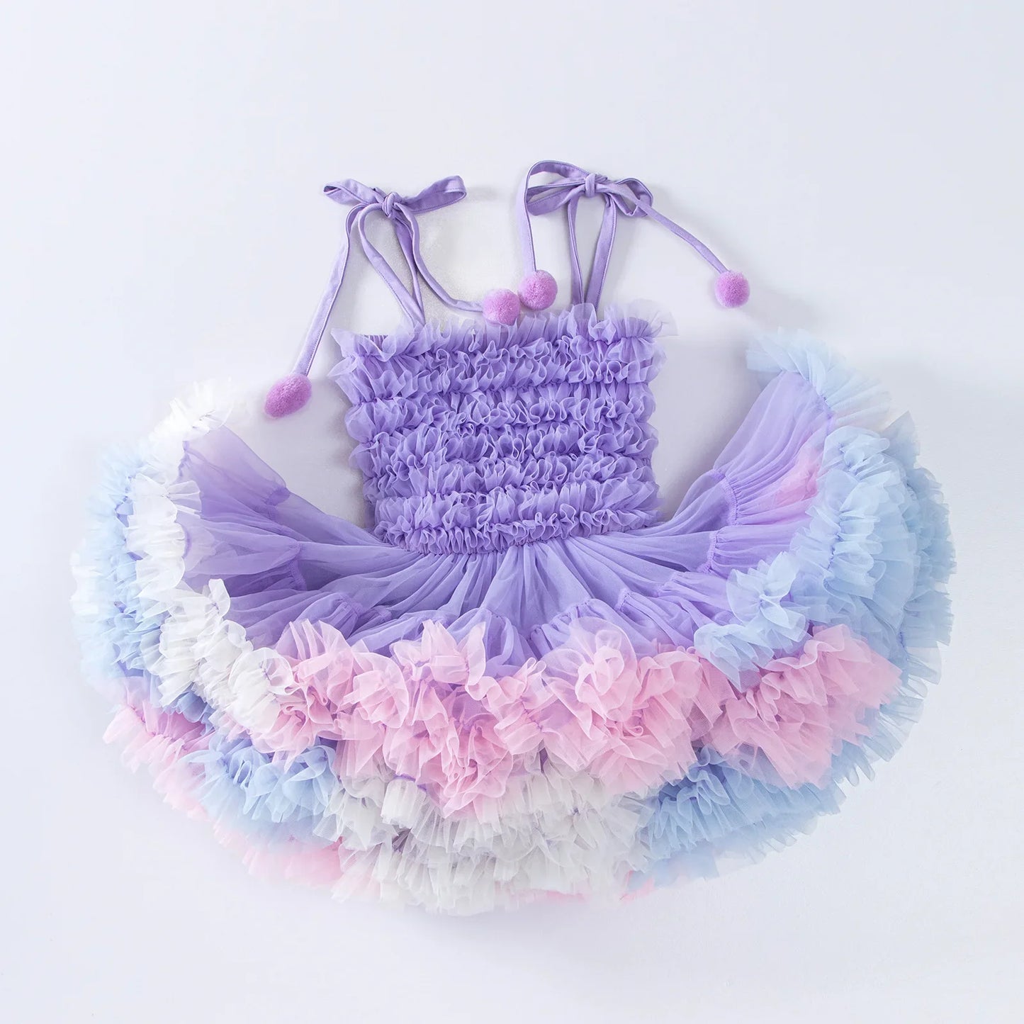 Rainbow Ruffle Pompom Tutu Dress