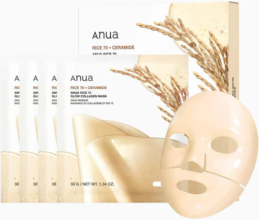 Máscara de colágeno Anua Rice 70 Glow - Claridade Radiante da Pure Rice Essence | 38g × 4 unidades