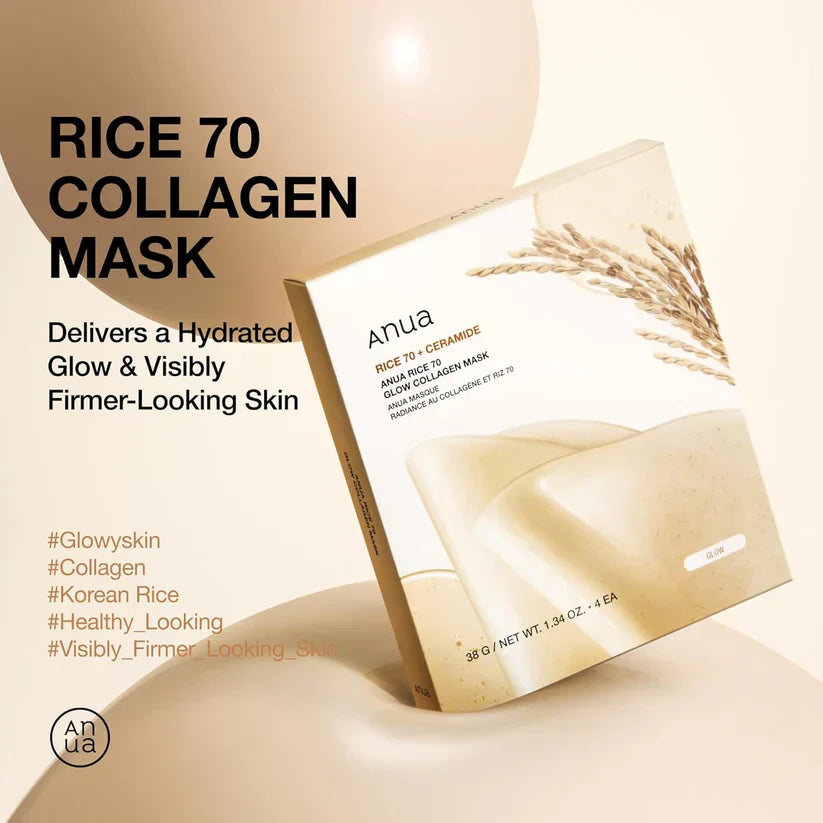 Máscara de colágeno Anua Rice 70 Glow - Claridade Radiante da Pure Rice Essence | 38g × 4 unidades - imagem 2