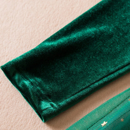 Christmas Green Velvet Star Dress for Girls
