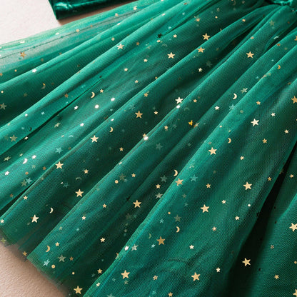 Christmas Green Velvet Star Dress for Girls