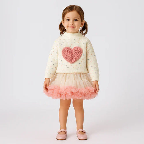 Love Heart Outfit for Girls – Knitted Top & Tulle Skirt