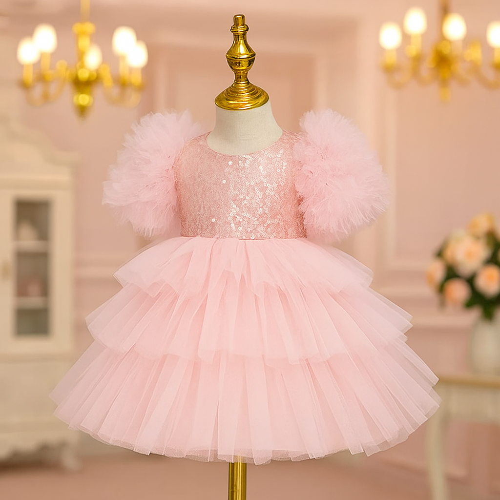 Princess-Style Pink Tulle Party Dress with Sequins