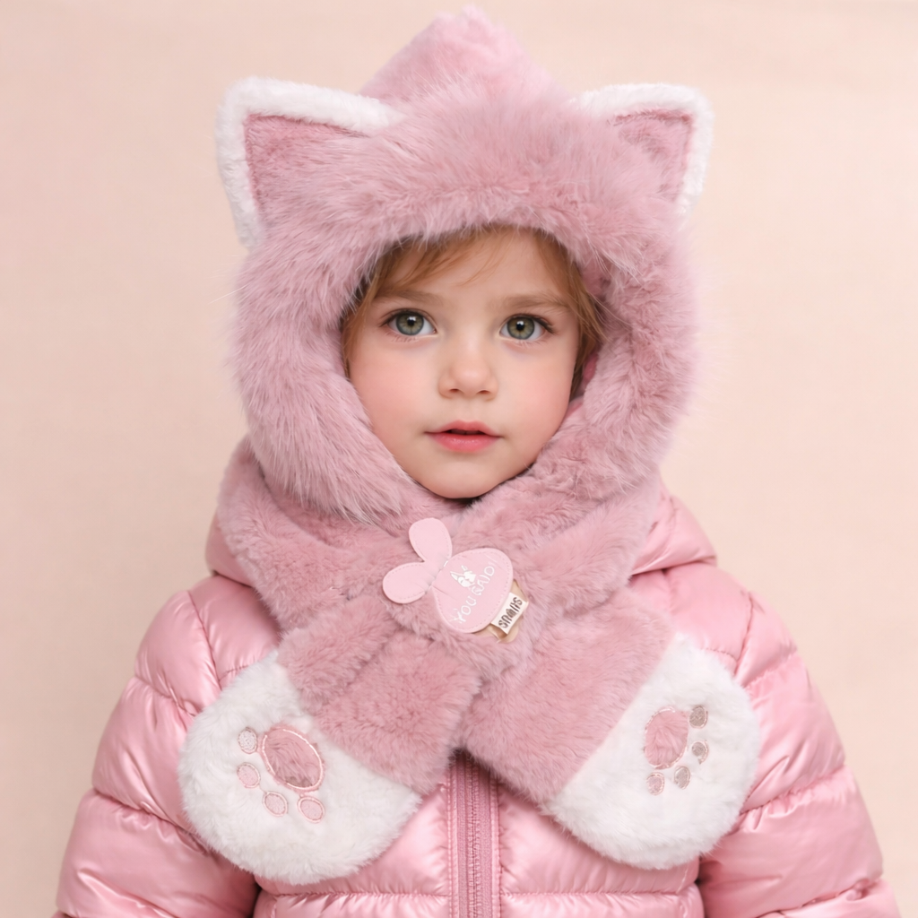 Blush Pink Kitty Plush Hooded Scarf for Kids