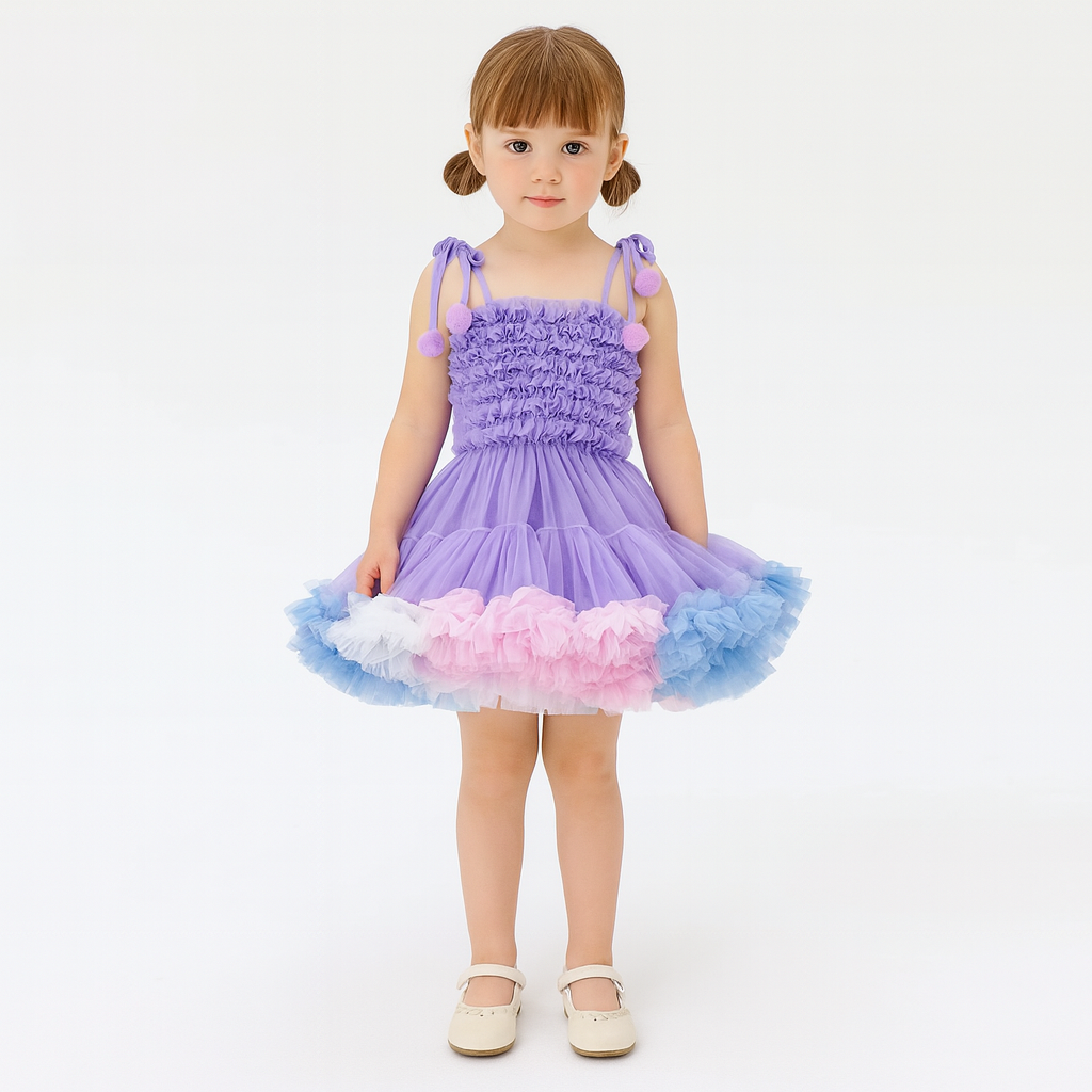 Rainbow Ruffle Pompom Tutu Dress