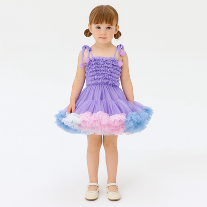 Rainbow Ruffle Pompom Tutu Dress