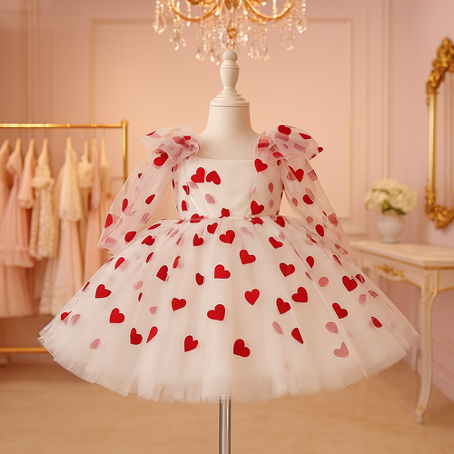 Little Girls’ White Tulle Dress with Red Hearts