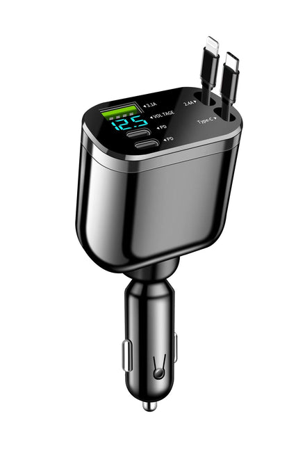 MiraiCharge™ シガーソケット用5-in-1車載充電器 — 巻き取りケーブル・PD急速充電対応