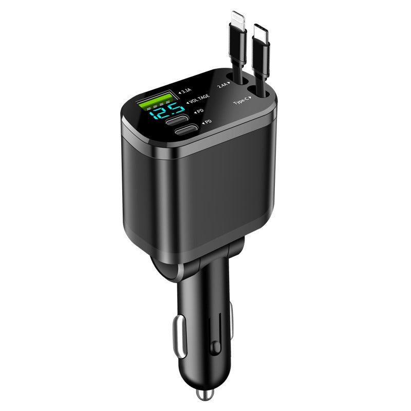 MiraiCharge™ シガーソケット用5-in-1車載充電器 — 巻き取りケーブル・PD急速充電対応