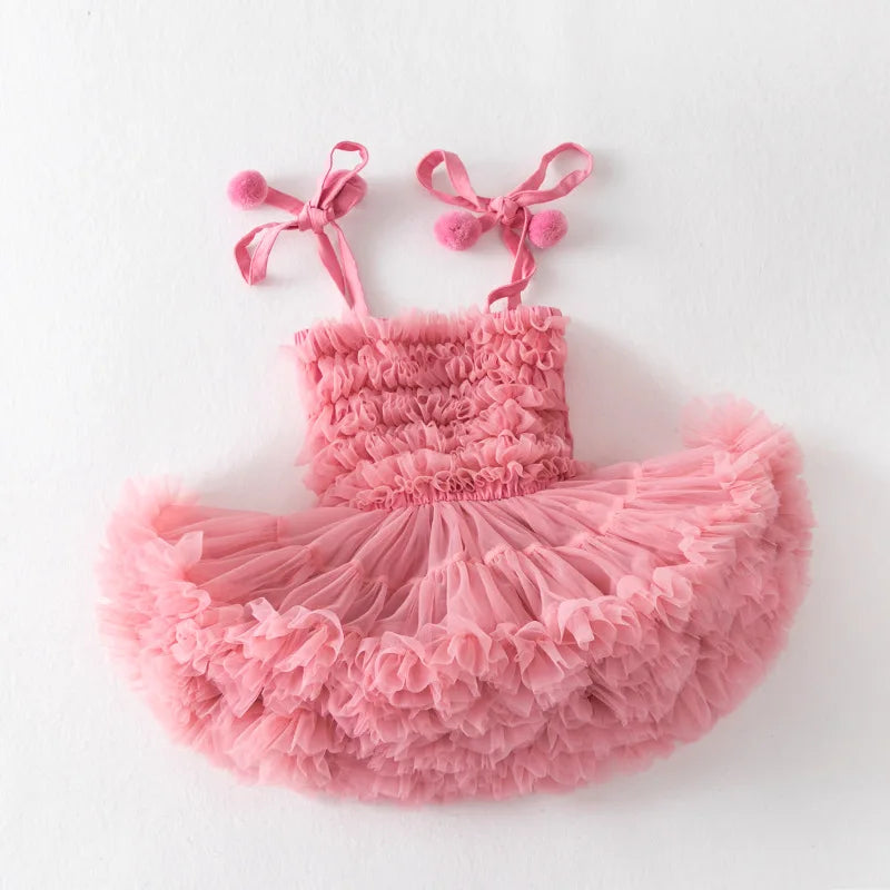 Rainbow Ruffle Pompom Tutu Dress