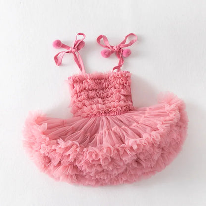 Rainbow Ruffle Pompom Tutu Dress