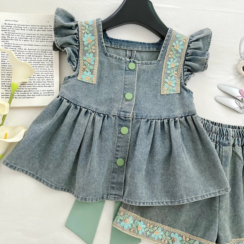 Floral Denim Green Bow Girls Set