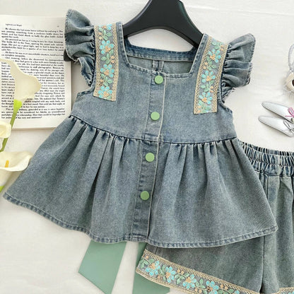 Floral Denim Green Bow Girls Set