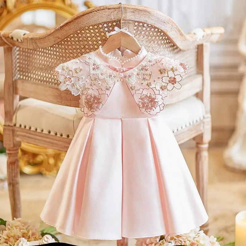 Vintage Pink Party Dress with Floral Cape