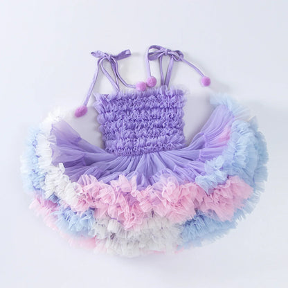 Rainbow Ruffle Pompom Tutu Dress