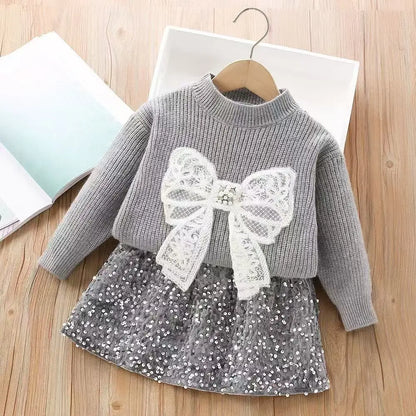 Glitter Bow Knit Set for Girls