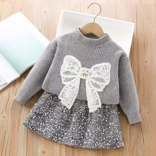 Glitter Bow Knit Set for Girls