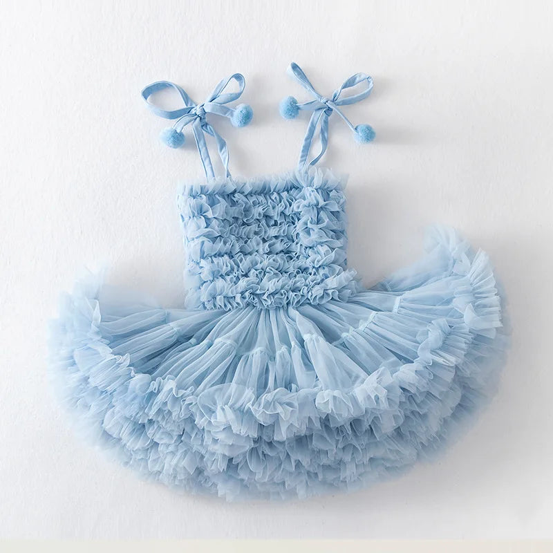 Rainbow Ruffle Pompom Tutu Dress