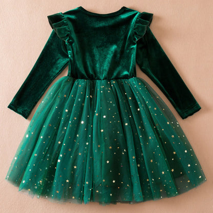 Christmas Green Velvet Star Dress for Girls