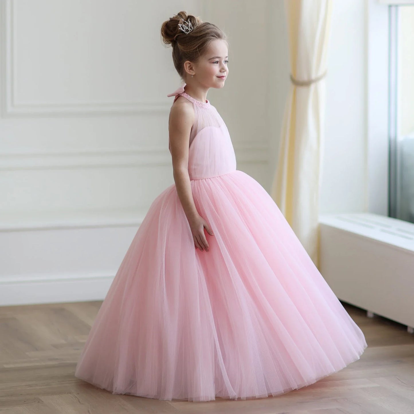 Long Pink Princess Tulle Dress for Girls
