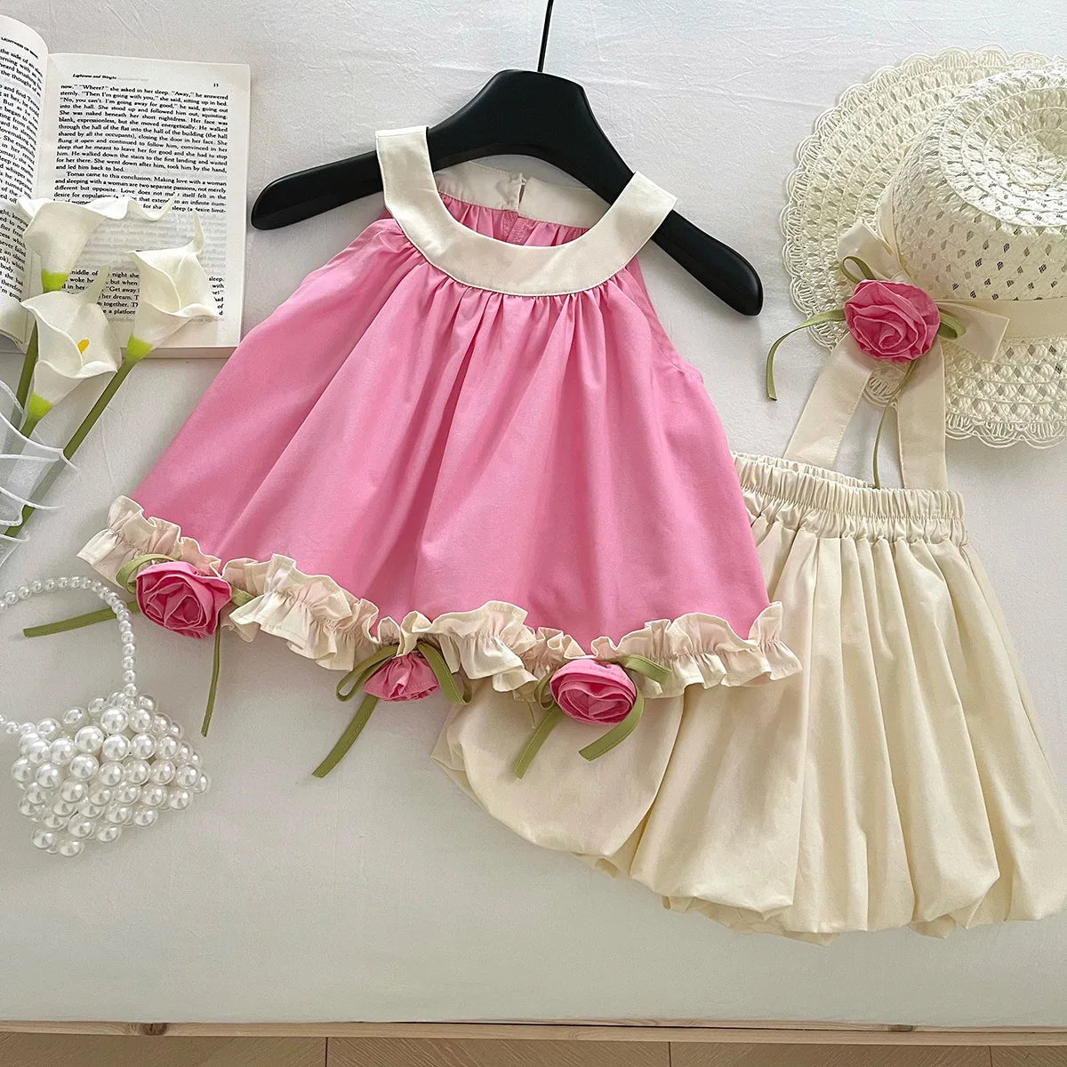 Pink Floral Appliqué Girls Set