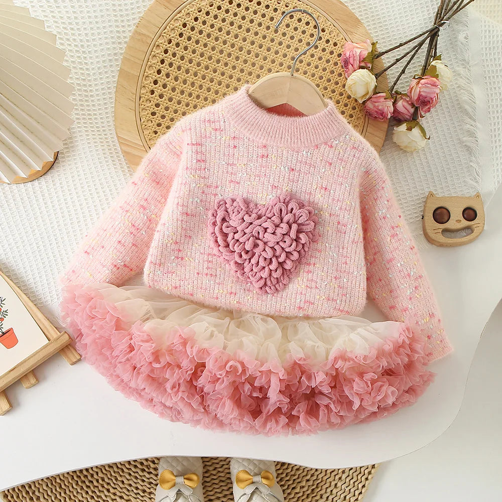 Love Heart Outfit for Girls – Knitted Top & Tulle Skirt