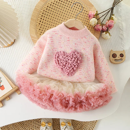 Love Heart Outfit for Girls – Knitted Top & Tulle Skirt