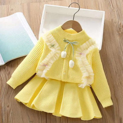 Yellow Knitted Outfit for Girls with Pleated Skirt