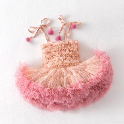 Rainbow Ruffle Pompom Tutu Dress