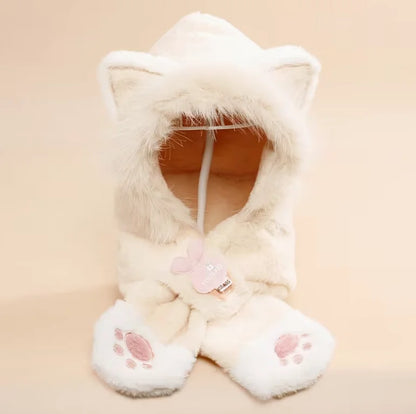 Beige Kitty Plush Hooded Scarf for Kids