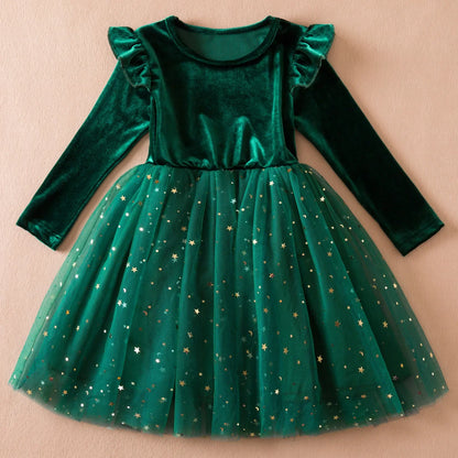 Christmas Green Velvet Star Dress for Girls