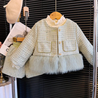 Green Tweed & Faux Fur Girls' Set