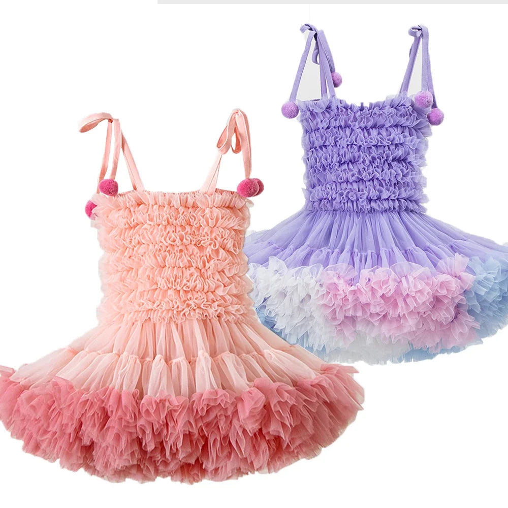Rainbow Ruffle Pompom Tutu Dress
