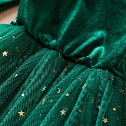 Christmas Green Velvet Star Dress for Girls