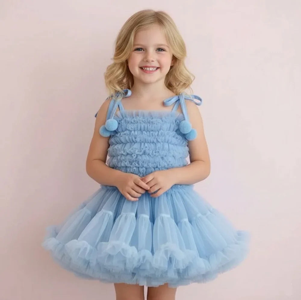 Blue Ruffle Pompom Tutu Dress