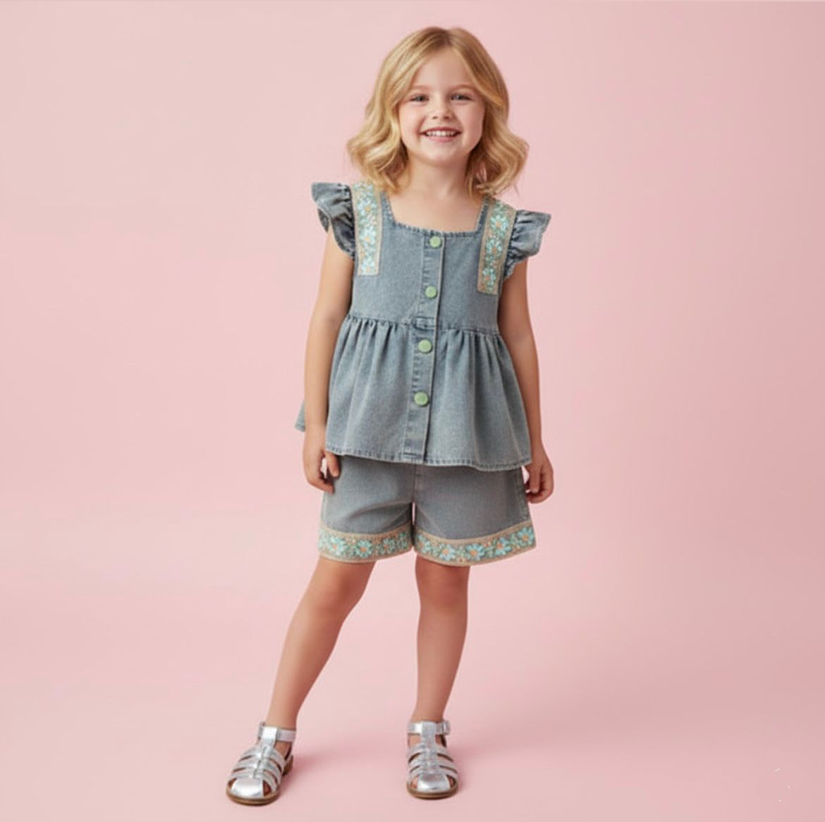 Floral Denim Green Bow Girls Set