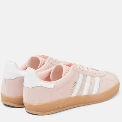 Rear heel view of Adidas Gazelle light pink suede sneakers with gum sole
