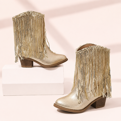 Golden Sequin Fringe Cowgirl Boots
